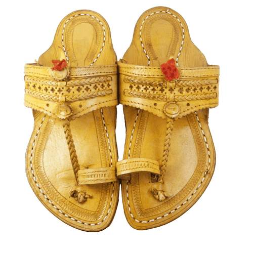 Single wadi Yellow Pure Leather Kapashi Kolhapuri Chappal For Men | Vhaan