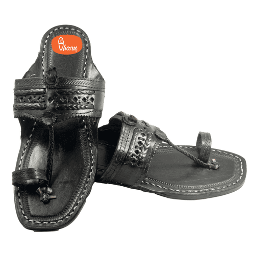 Original Black Pure Leather Moja shape Handstitched Kolhapuri Chappal For Men | Vhaan