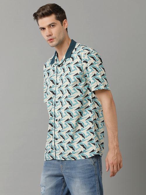 Nightwear - Geometric Printed Cutaway Collar Short Sleeves Cotton Casual Shirt