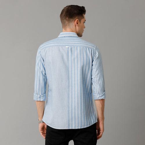 Voi Jeans Mens Blue White Stripes Slim Fit Shirt