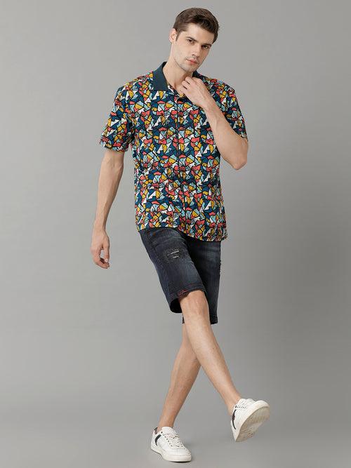 Nightwear - Abstract Printed Cutaway Collar Short Sleeves Cotton Casual Shirt