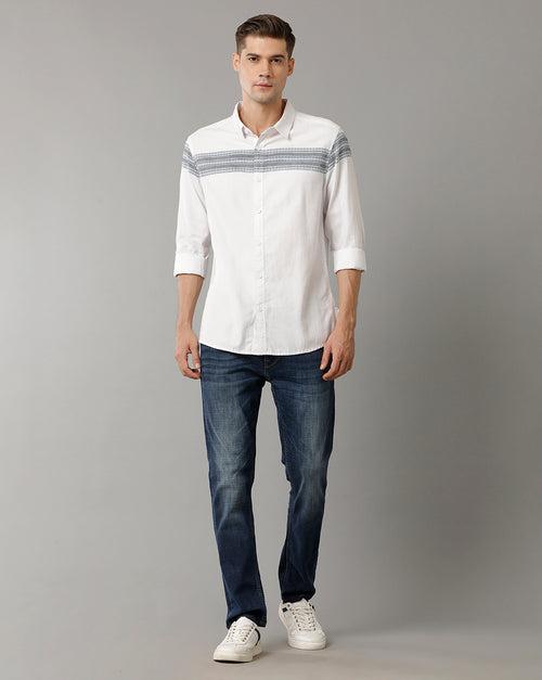 Voi Jeans Mens White Blue Stripes Slim Fit Shirt