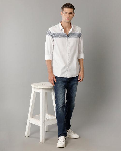 Voi Jeans Mens White Blue Stripes Slim Fit Shirt