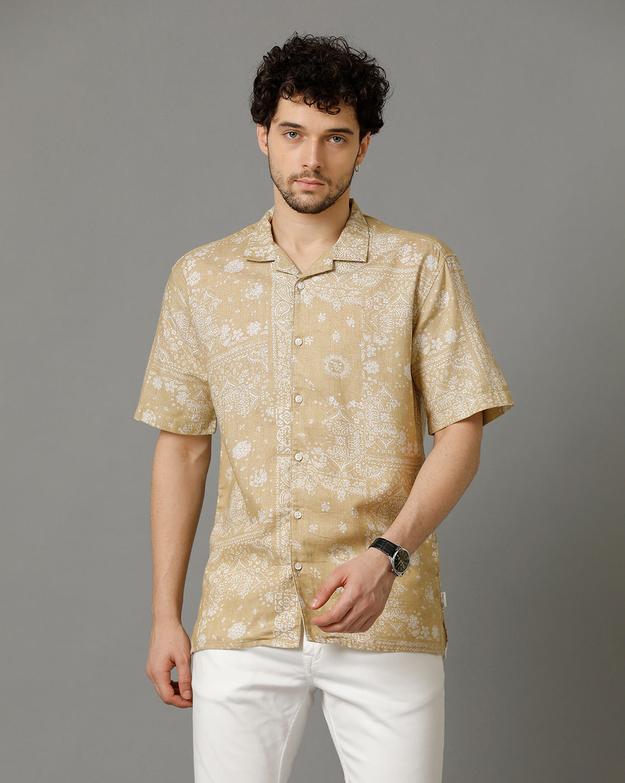 Voi Jeans Mens Beige Aop Regular Fit Shirt