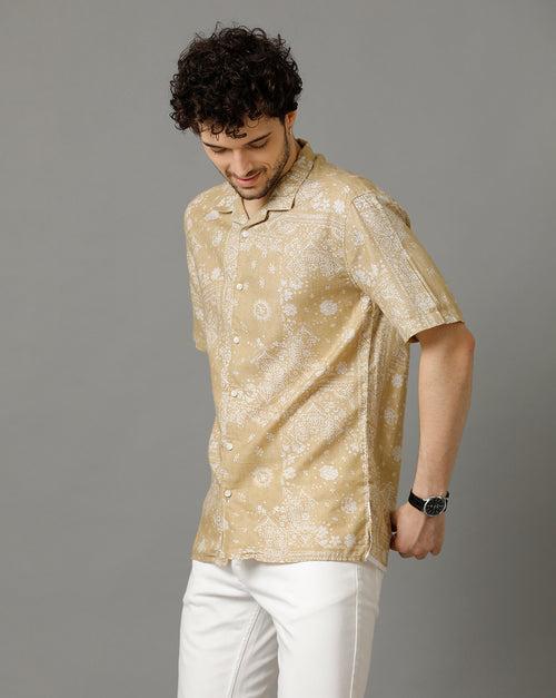 Voi Jeans Mens Beige Aop Regular Fit Shirt