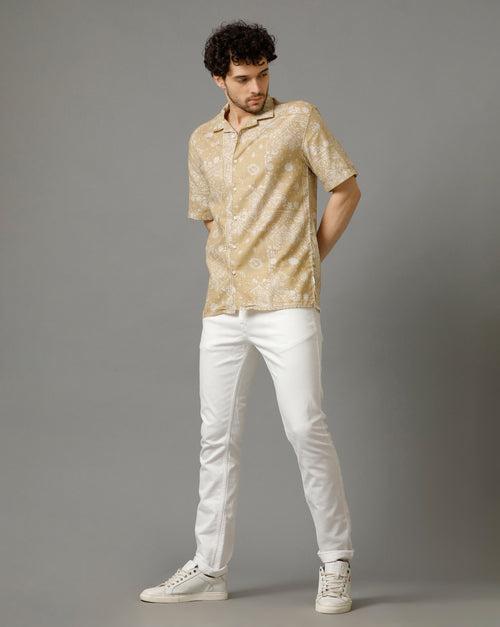 Voi Jeans Mens Beige Aop Regular Fit Shirt