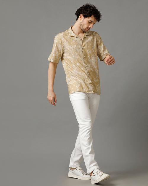 Voi Jeans Mens Beige Aop Regular Fit Shirt