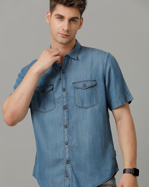 Voi Jeans Mens Light Blue Rugular Fit Half Sleeve Shirt