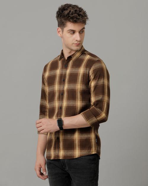 Voi Jeans Mens Mustard Checks Slim Fit Shirt