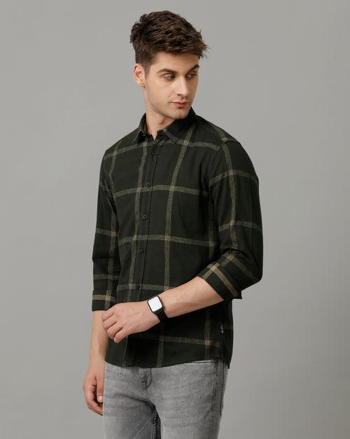 Voi Jeans Mens Green Checks Slim Fit Full Sleeve Shirt