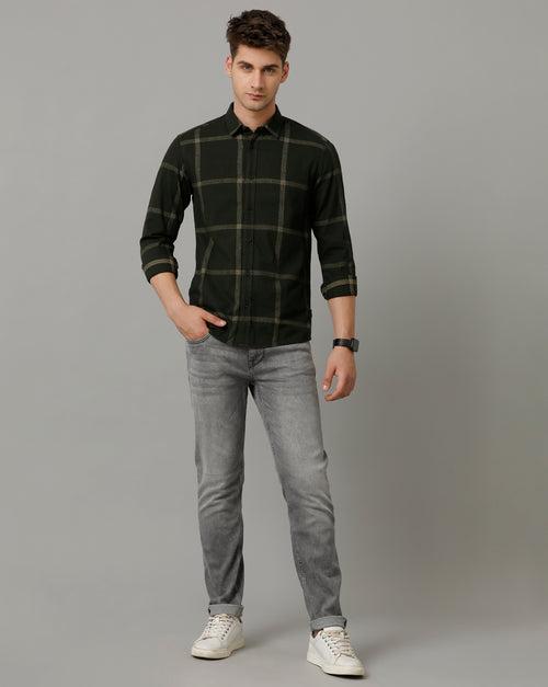 Voi Jeans Mens Green Checks Slim Fit Full Sleeve Shirt