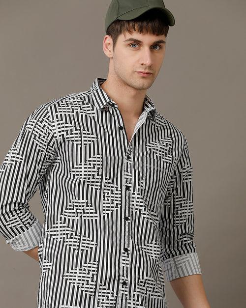 Voi Jeans Mens Black and White Slim Fit Shirt