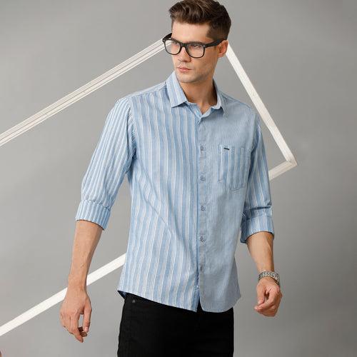 Voi Jeans Mens Blue White Stripes Slim Fit Shirt