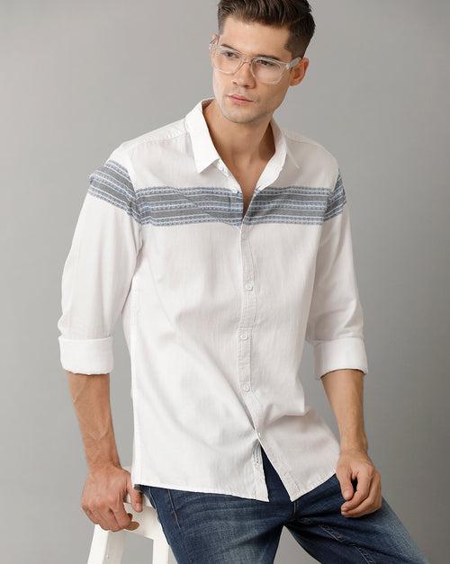 Voi Jeans Mens White Blue Stripes Slim Fit Shirt