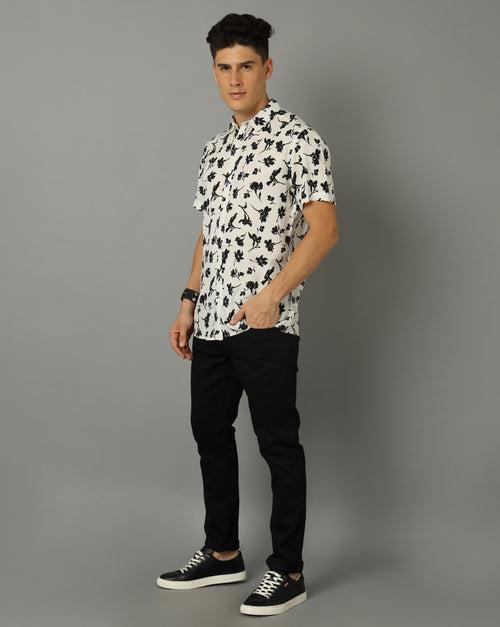 Classic Floral Printed Spread Collar Slim Fit Casual T-Shirt