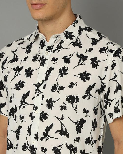 Classic Floral Printed Spread Collar Slim Fit Casual T-Shirt