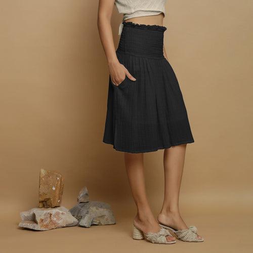 Black Crinkled Cotton Flax Frilled Knee Length Skirt