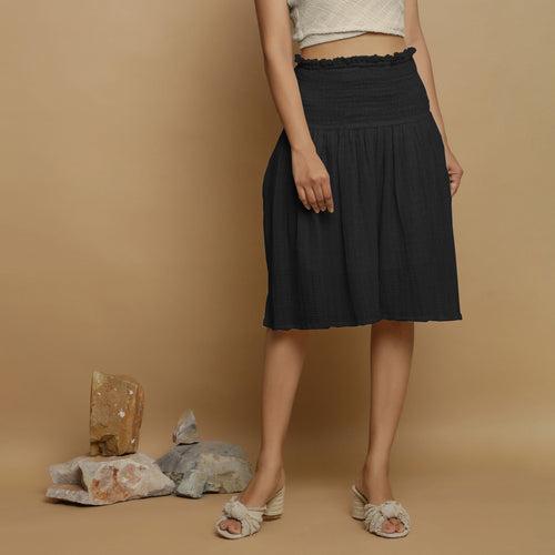 Black Crinkled Cotton Flax Frilled Knee Length Skirt