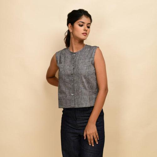 Ash Grey 100% Cotton Button-Down Sleeveless Shirt