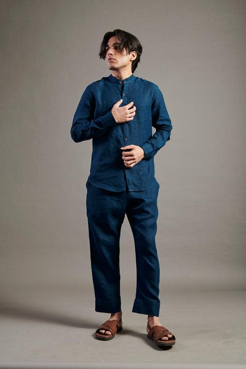 Indigo Linen Band Collar Shirt