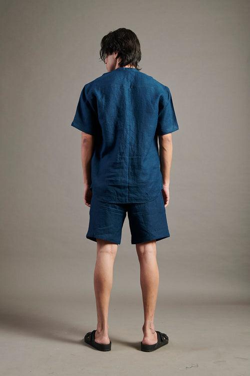 Indigo Linen Half Sleeves Band Collar Shirt