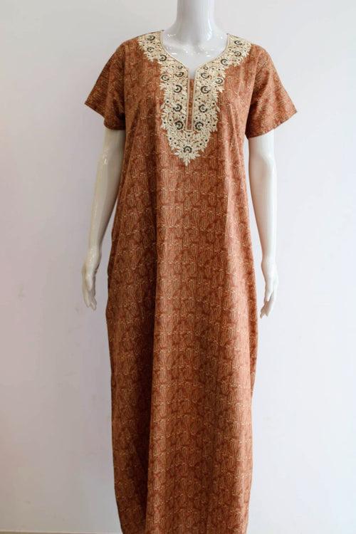 Cotton Maxi Night Dress with Pocket and Yoke Thread Works | XL