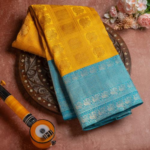 Mustard yellow Pure Kanjivaram Brocade Silk Saree