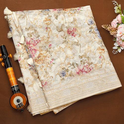 Cream Semi Cotton Printed Saree