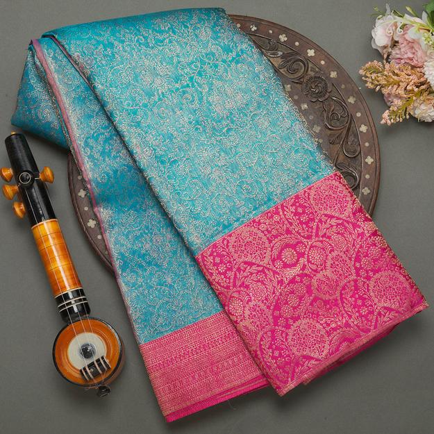 Light Blue Kanjeevaram Silver Brocade Silk Saree