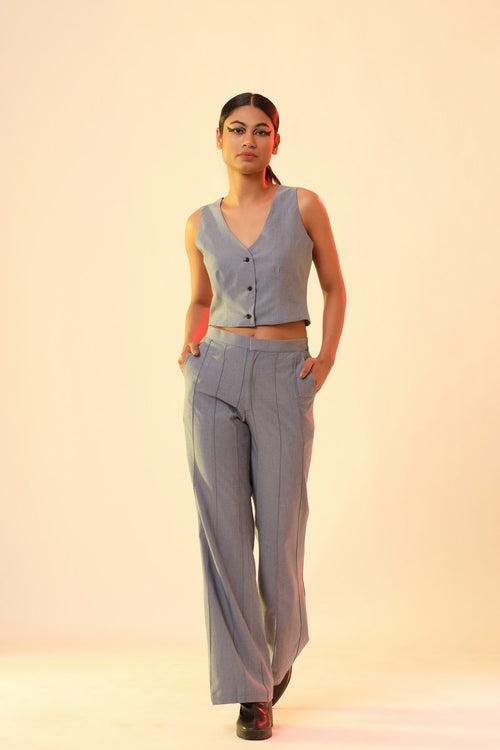 Light Blue Flare Pants With Waist Coat