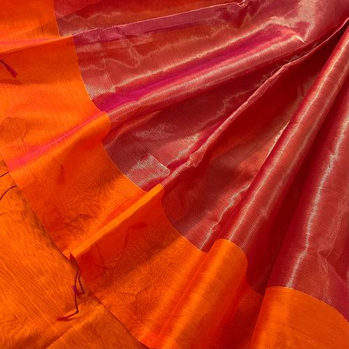 Orange & pink dual tone maheshwari saree with zari lines on pallu