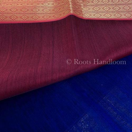 Dark blue and maroon Maheshwari saree with Zari pattern on Pallu