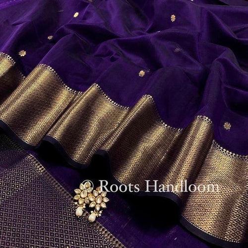 Dark Purple Maheshwari Saree with Flower Bootis all over