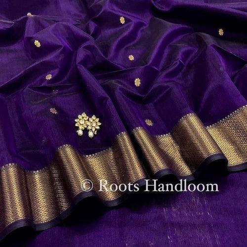 Dark Purple Maheshwari Saree with Flower Bootis all over