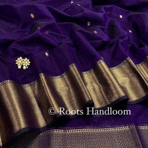 Dark Purple Maheshwari Saree with Flower Bootis all over