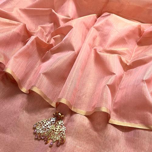 Peachish Pink Maheshwari tissue silk saree with Zari lines on Pallu