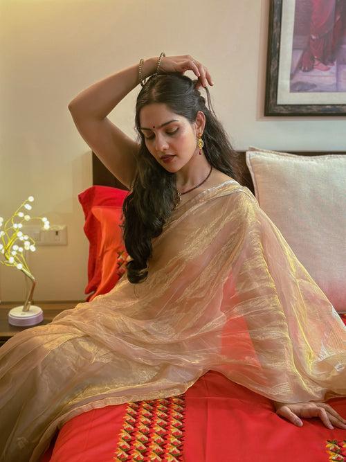 (Shop the look) Molten gold chanderi tissue silk saree with zari lines on pallu