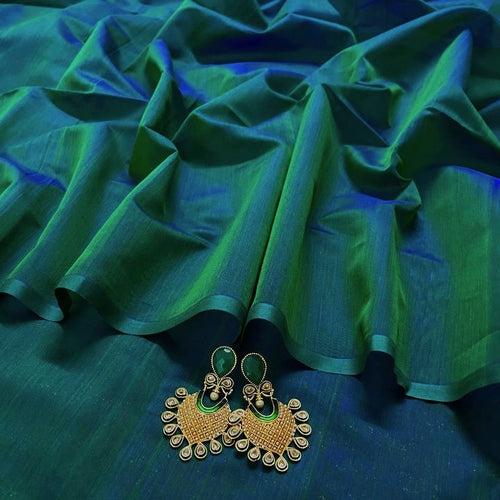 Peacock Green & Blue Dual Tone Maheshwari Saree