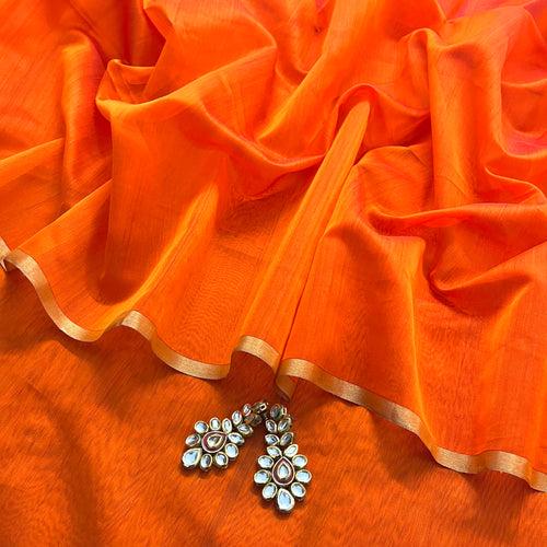 Orange & pink dual tone maheshwari saree with zari lines on pallu