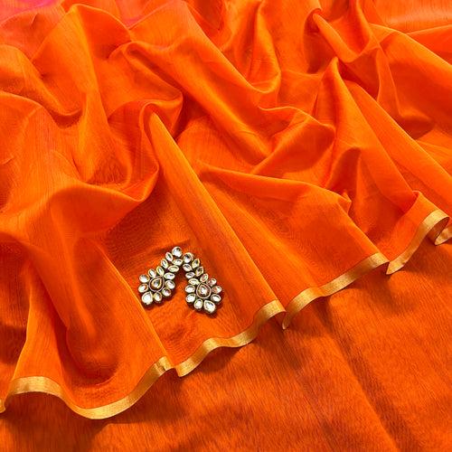 Orange & pink dual tone maheshwari saree with zari lines on pallu