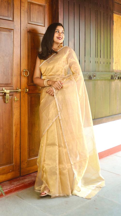 (Shop the look) Molten gold chanderi tissue silk saree with zari lines on pallu