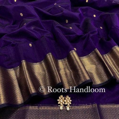 Dark Purple Maheshwari Saree with Flower Bootis all over