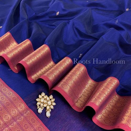 Dark blue and maroon Maheshwari saree with Zari pattern on Pallu