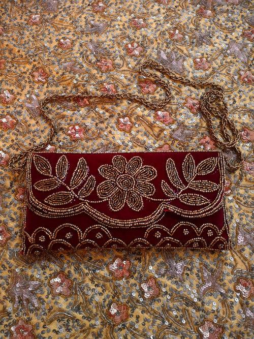 Maroon embellished velvet purse