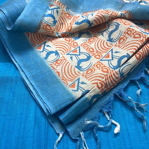 Cream orange and blue bhagalpuri print suit