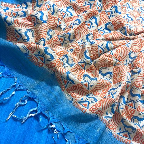 Cream orange and blue bhagalpuri print suit