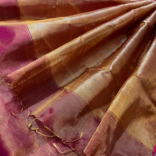 Wine & pink maheshwari tissue silk saree with zari lines on pallu