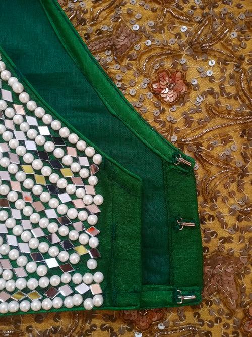 Green stitched blouse with pearl and mirror work