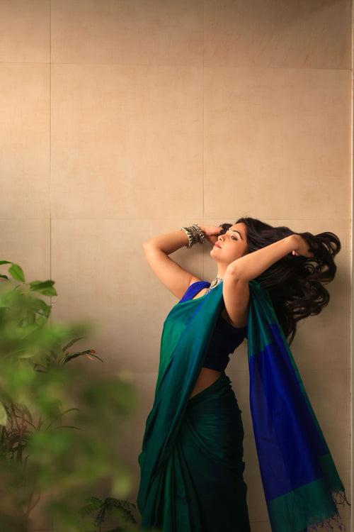 Peacock Green & Blue Dual Tone Maheshwari Saree