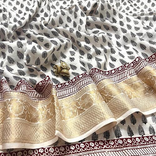 White and black bagh print banarasi saree with zari border